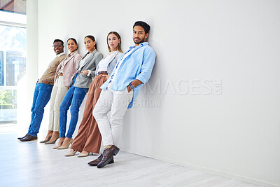 Buy stock photo Professional, staff portrait and business people with entrepreneur and hiring employee with mockup space. Job interview, recruitment and leaning on wall with diversity and company team of worker idea