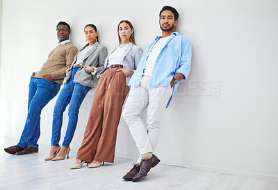 Buy stock photo Creative designer, staff and business people with portrait and hiring employee group in a office. Job interview, recruitment and leaning on wall with diversity and company team or serious worker