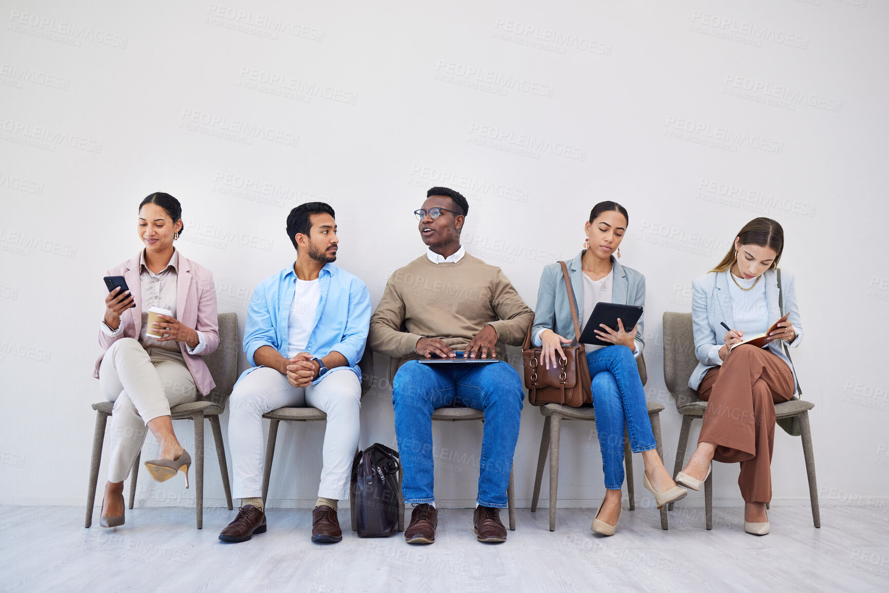 Buy stock photo Job interview, recruitment and waiting room with business people networking or diversity for meeting. We are hiring, human resources and candidate group online in office for research, survey or info