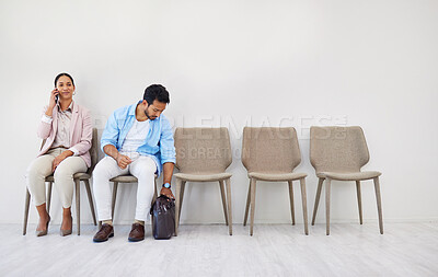 Buy stock photo Creative people, waiting room and chairs in hiring, row or opportunity together at office. Group of employees sitting in line for recruiting, meeting or team in startup for job or career at workplace