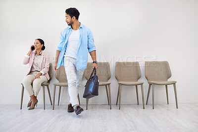 Buy stock photo People, waiting room and businessman walking to interview at job recruitment agency together. Human resources, hiring and diversity, man and woman in office lobby with professional career opportunity