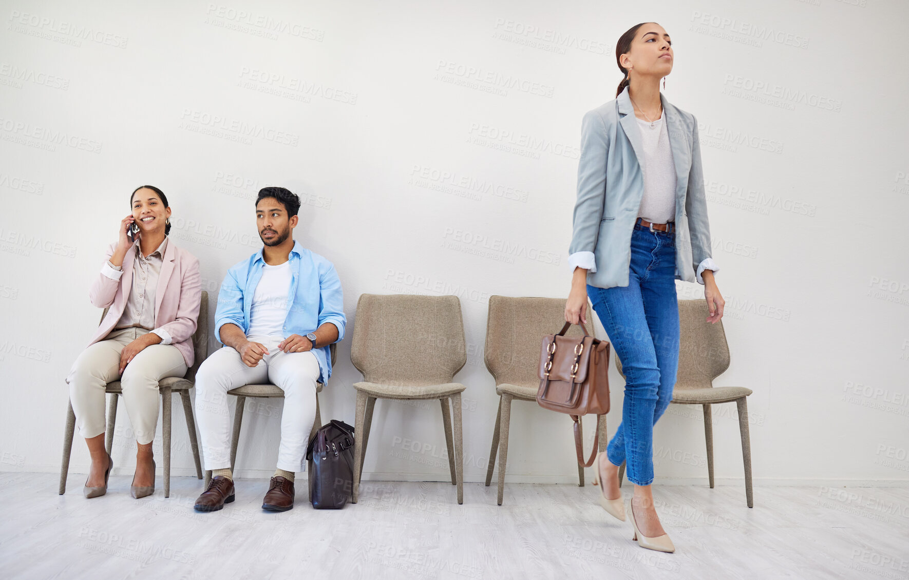 Buy stock photo Business people, waiting room and chairs in hiring, row or opportunity together at office. Group of employees sitting in line for recruiting, meeting or team in startup for job or career at workplace
