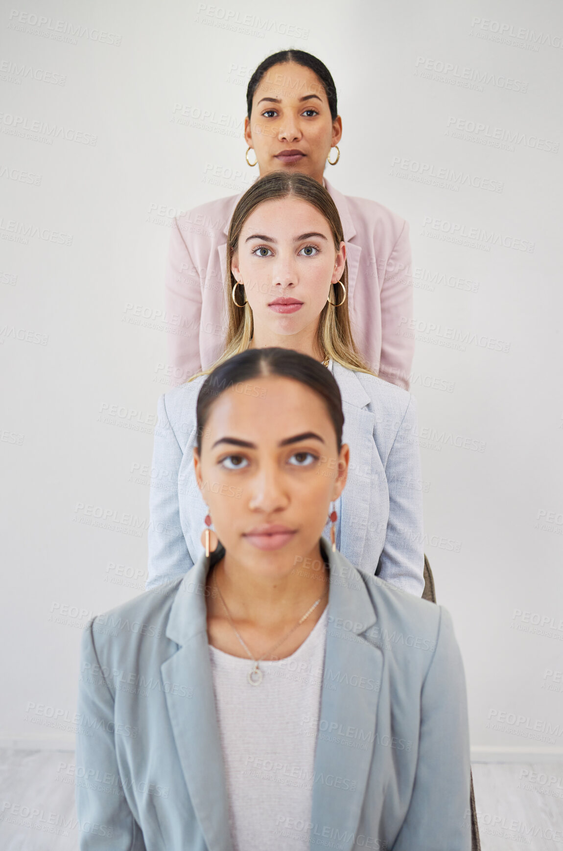 Buy stock photo Portrait, serious and team of business people in row at corporate office. Face, group of employees in line and women, lawyers or workers together in collaboration, unity in cooperation or leadership