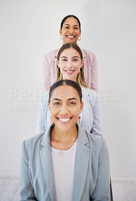 Buy stock photo Portrait, leadership and team of business people in row at corporate office. Happy face, group of employees in line and women, consultants or workers together in collaboration, cooperation or success