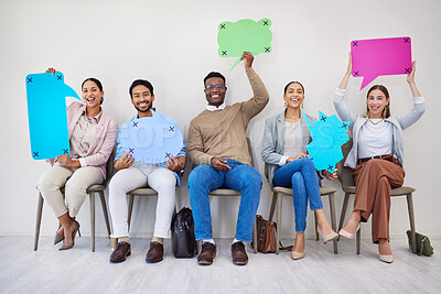 Buy stock photo We are hiring, speech bubble and portrait of business people in a waiting room with mockup, faq or contact us. Recruitment, space and candidate group with job opportunity, info or interview advice 