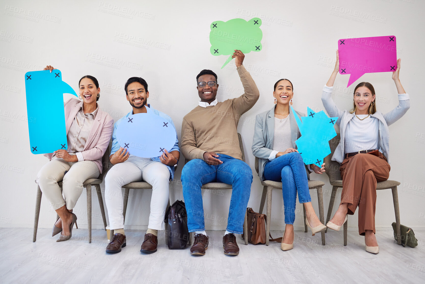Buy stock photo We are hiring, speech bubble and portrait of business people in a waiting room with mockup, faq or contact us. Recruitment, space and candidate group with job opportunity, info or interview advice 