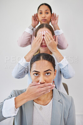 Buy stock photo Business people, women censored and portrait for silence, cover eyes and listening, confidential or secret in studio. Face of employees or team with speech risk or communication on a white background