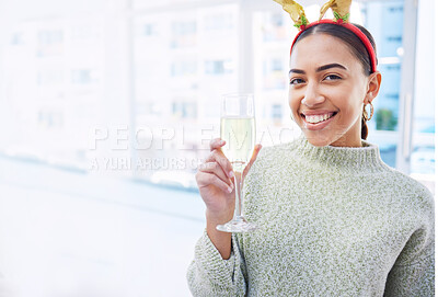 Buy stock photo Woman, champagne and portrait in office, space and Christmas party with celebration drink for cheers. Excited girl, xmas and glass for alcohol, sparkling wine and happy at event for holiday mockup