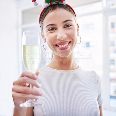 Buy stock photo Woman, champagne and portrait in office at Christmas, office party and celebration drink with cheers. Excited girl, xmas and smile with glass for alcohol, sparkling wine or happy at event for holiday