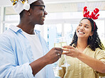 Woman, man and champagne toast at Christmas, office party and celebration drink with cheers for culture. Excited girl, xmas and smile for alcohol, sparkling wine glass and happy at event for holiday