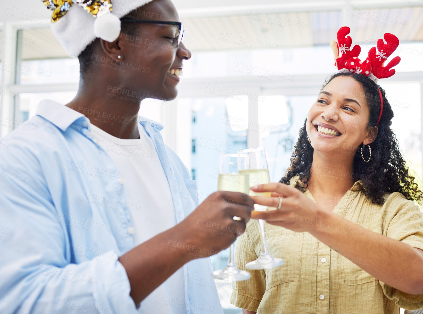 Buy stock photo Woman, man and champagne toast at office, Christmas party and celebration drink with cheers for culture. Excited girl, xmas and smile for alcohol, sparkling wine glass and happy at event for holiday