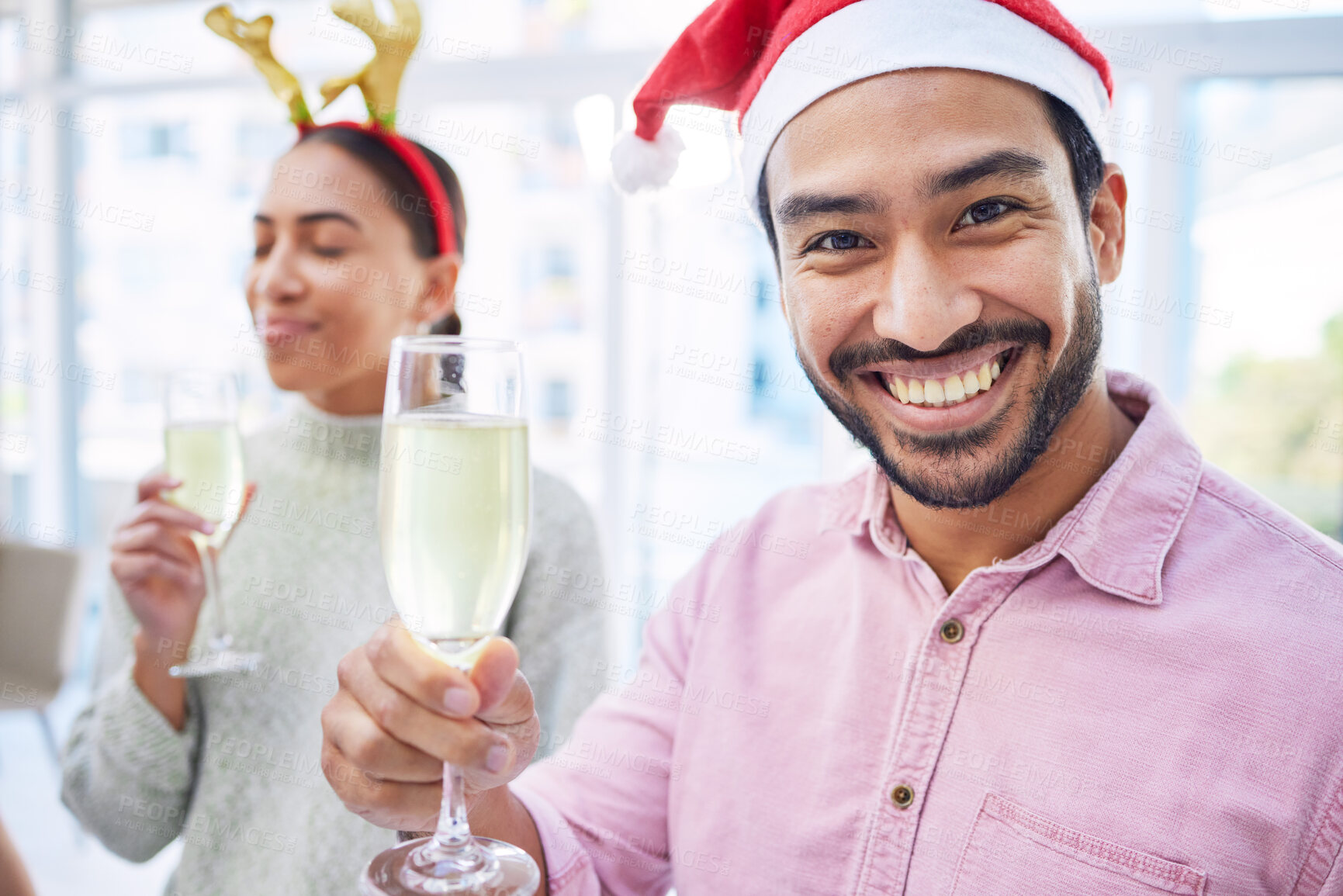 Buy stock photo Man, champagne and portrait at Christmas, office and party with celebration drink with cheers with friends. Excited person, xmas and glass for alcohol, sparkling wine and happy at event for holiday