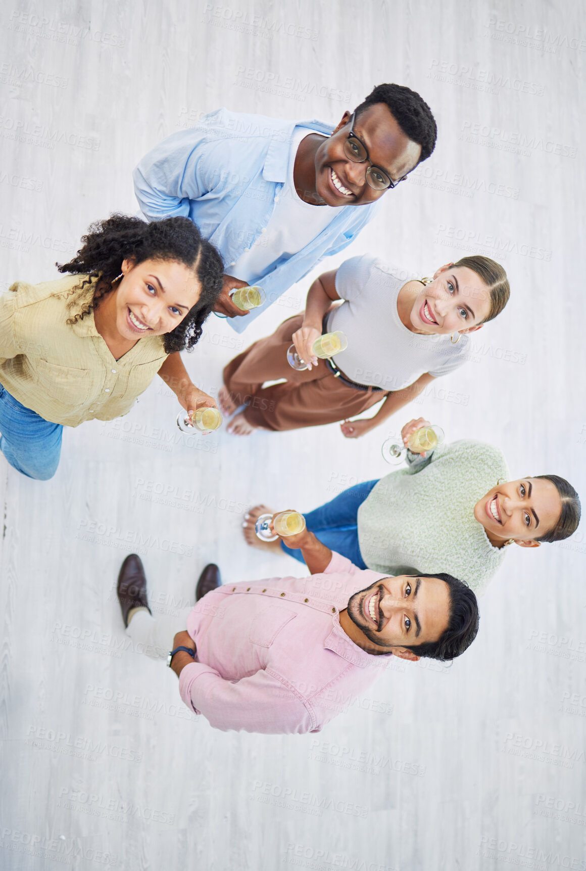 Buy stock photo Top view, men and women smile on portrait in office, drink and celebration for success in company. Happy diversity coworkers, unity and confidence in solidarity, positive and together in workplace