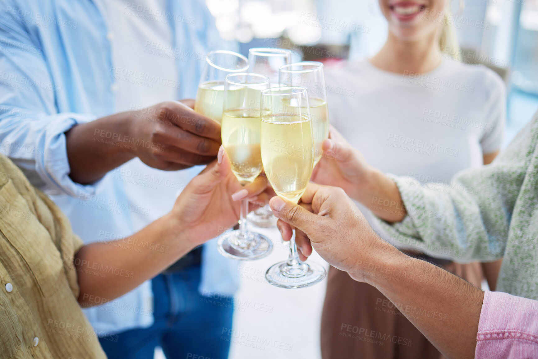 Buy stock photo Hands, group and champagne toast at party, office and celebration drink with cheers with friends. Excited people, success and culture with alcohol, sparkling wine glass and happy at event for holiday