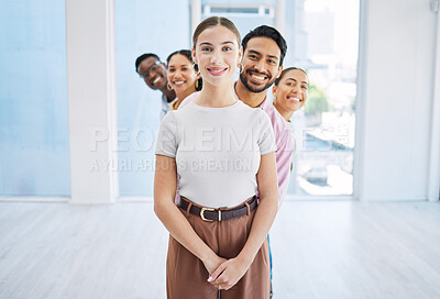 Buy stock photo Men, women and teamwork in row in office with portrait, diversity and happiness for collaboration at company. Face, business people and standing for team building, confidence and partnership at job