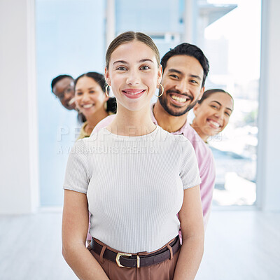 Buy stock photo Business, people and team building in row in office with portrait, diversity and happiness for collaboration at company. Face, men or women standing for teamwork, confidence and partnership at job