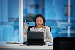 Business woman, call center and laptop for planning, thinking of solution and technical support at night. Professional agent, consultant or IT advisor with information or problem solving on computer