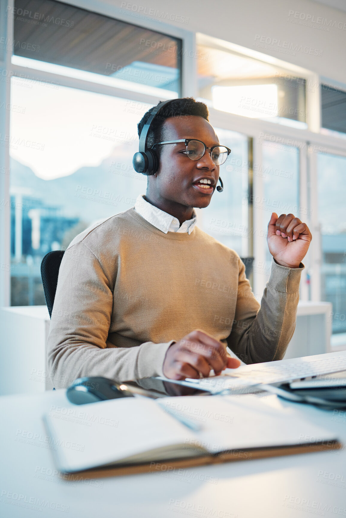 Buy stock photo Call center, black man and consulting at computer for telemarketing, customer service and IT support. Salesman, CRM communication and help desk for telecom advisory, FAQ contact and online questions 
