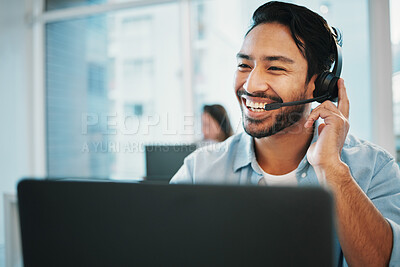 Buy stock photo Business man, happy call center and computer for communication, technical support and online advice. Professional Asian agent, consultant or advisor on laptop for information technology or funny chat