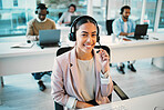 Woman consultant, portrait and call center communication, business contact and e commerce or customer support. Happy, face and professional agent or advisor with headphones for advice or virtual help