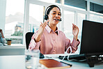 Happy woman, call center and consulting with headphones in customer service or telemarketing at office. Female person, consultant or agent talking for online advice or help in contact us at workplace