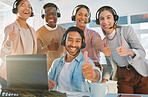 Teamwork, portrait and call center people with thumbs up, contact us with headphones and help desk. Consultant group with hand gesture, diversity and customer service with support, trust and advice