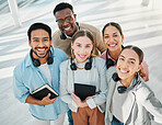 Business people, portrait and telemarketing team smile in office building for meeting or planning from above. Face, smile and top view of call center group excited for training, coaching or first day