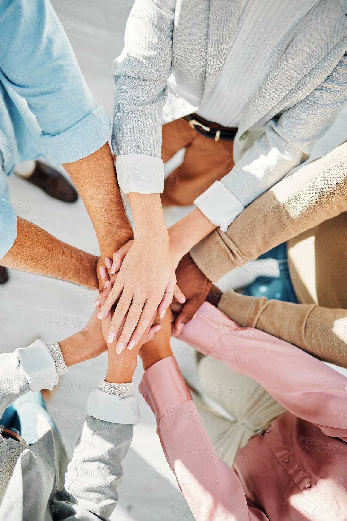 Buy stock photo Teamwork, hands and support of business people in collaboration from above for integration, trust or winning. Closeup, partnership and team building for success, cooperation or achievement of synergy