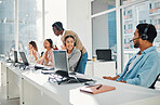 Call center, computer training and people or manager with technical support, system management and online learning. Business mentor, tech agency and consultant talking or helping on laptop in office