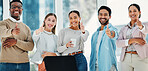 Smile, thumbs up and portrait of business people in office in collaboration for team building. Happy, diversity and group of professional creative designers with approval hand gesture in workplace.