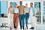 Smile, happy and portrait of business people in office in collaboration for team building. Unity, diversity and group of professional creative designers with confidence in modern workplace together.