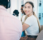 Radio, podcast and portrait of woman in office in conversation with people, headphones and microphone. Recording, broadcast and speaker hosting a group interview, show and influencer business