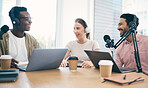 Men, women and team with laptop, podcast or happy for chat, conversation or opinion on live stream. Group, microphone and headphones for web talk show, broadcast or thinking for collaboration at desk