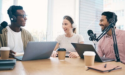 Buy stock photo Men, women and team with laptop, podcast or happy for chat, conversation or opinion on live stream. Group, microphone and headphones for web talk show, broadcast or thinking for collaboration at desk