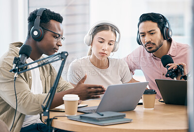 Buy stock photo Men, woman and laptop with microphone, podcast or idea for chat, creativity or opinion on live stream. Group, microphone and headphones for web talk show, broadcast or think for collaboration at desk