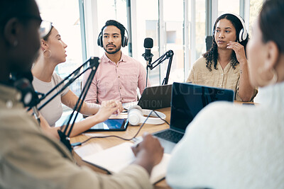 Buy stock photo Discussion, podcast speaker and group of people, team or circle of presenter consulting, speaking and chat on talk show. Radio, audio and influencer listening, attention or interview on media network