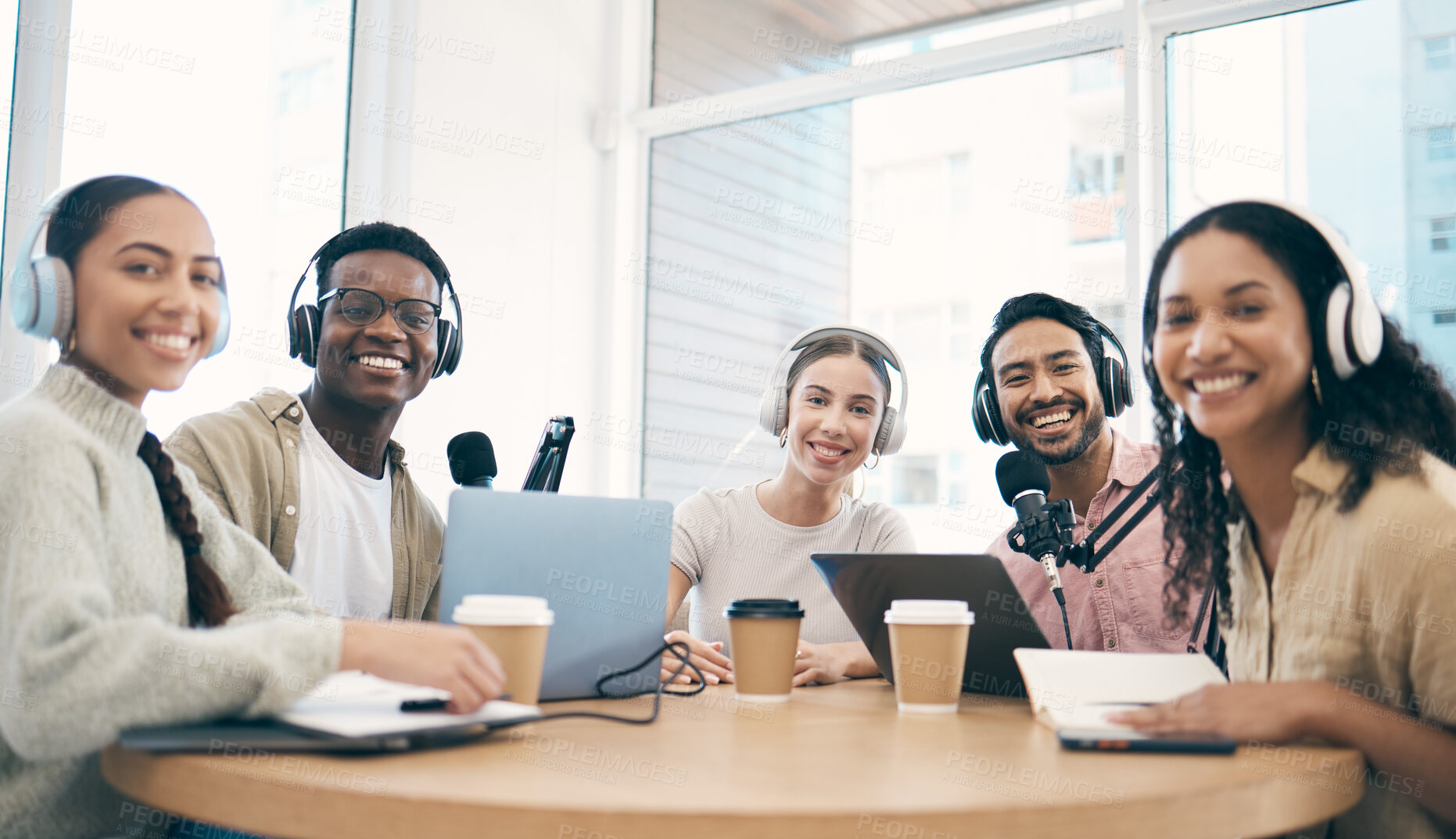 Buy stock photo Men, woman and team with microphone, podcast or portrait for chat, creativity or opinion on live stream. Group, laptop and headphones for web talk show, broadcast or smile for collaboration at desk