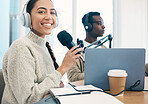 Woman, microphone and headphone for radio in portrait, media or press with journalist or DJ, notebook and content creation. Podcast, influencer and live stream with audio, talk show and communication