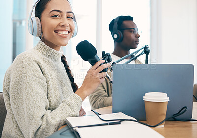 Buy stock photo Woman, microphone and headphone for radio in portrait, media or press with journalist or DJ, notebook and content creation. Podcast, influencer and live stream with audio, talk show and communication