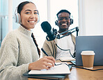 Radio, portrait and people in office writing notes for advice, questions or feedback while live streaming. Speech, presenter and face of team with broadcast announcement, news or hosting talk show