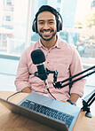 Radio, podcast and portrait of happy asian man in studio live streaming talk show, blog or news announcement with laptop. Recording, face or Japanese guy dj hosting broadcast, speech or entertainment