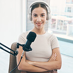 Radio presenter, portrait and happy woman with arms crossed in a booth for live streaming, broadcast or reporting. Speech, face and proud female talk show host smile in a studio for news announcement