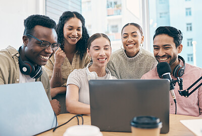 Buy stock photo Men, woman and happy with laptop, podcast and reading for chat, creativity or opinion on live stream. Group, microphone and headphones for web talk show, broadcast or smile for collaboration at desk