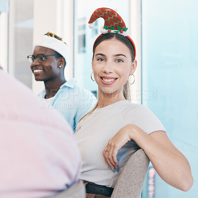 Buy stock photo Christmas party, portrait and a woman in the office for an event, celebration or happy. Smile, corporate and a female employee at a festive work social with business people and cheerful with friends