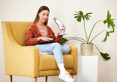 Buy stock photo Microphone, production and woman on a chair for podcast on mobile app, social media or the internet. Radio, broadcast and young female presenter hosting a journalism platform in recording space.