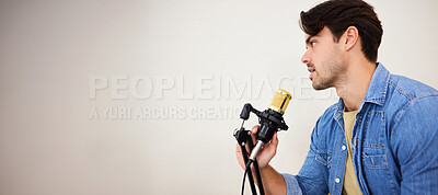 Buy stock photo Man, mic and podcast, influencer and media with broadcast, mockup space and communication. Talk show, chat and live streaming with presenter or speaker, interview and platform with wall background