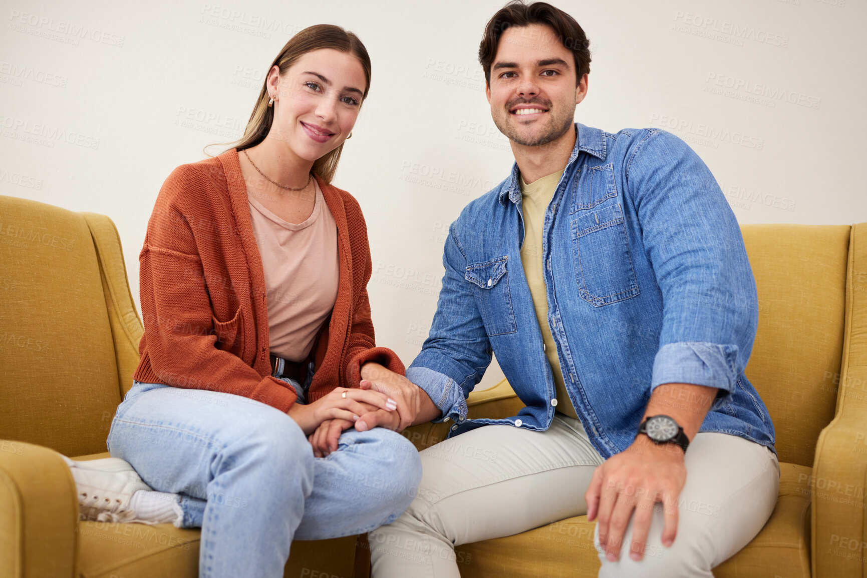 Buy stock photo Couple, holding hands and portrait on sofa, home and care with love, bonding and kindness in relationship. Man, woman together and support with empathy, trust and respect with solidarity in house