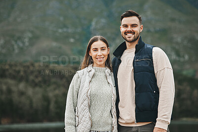 Buy stock photo Hiking, couple and portrait outdoor with vacation and trekking together with love in winter. Mountain, holiday and travel in the morning with happy woman and man on adventure in nature with a smile