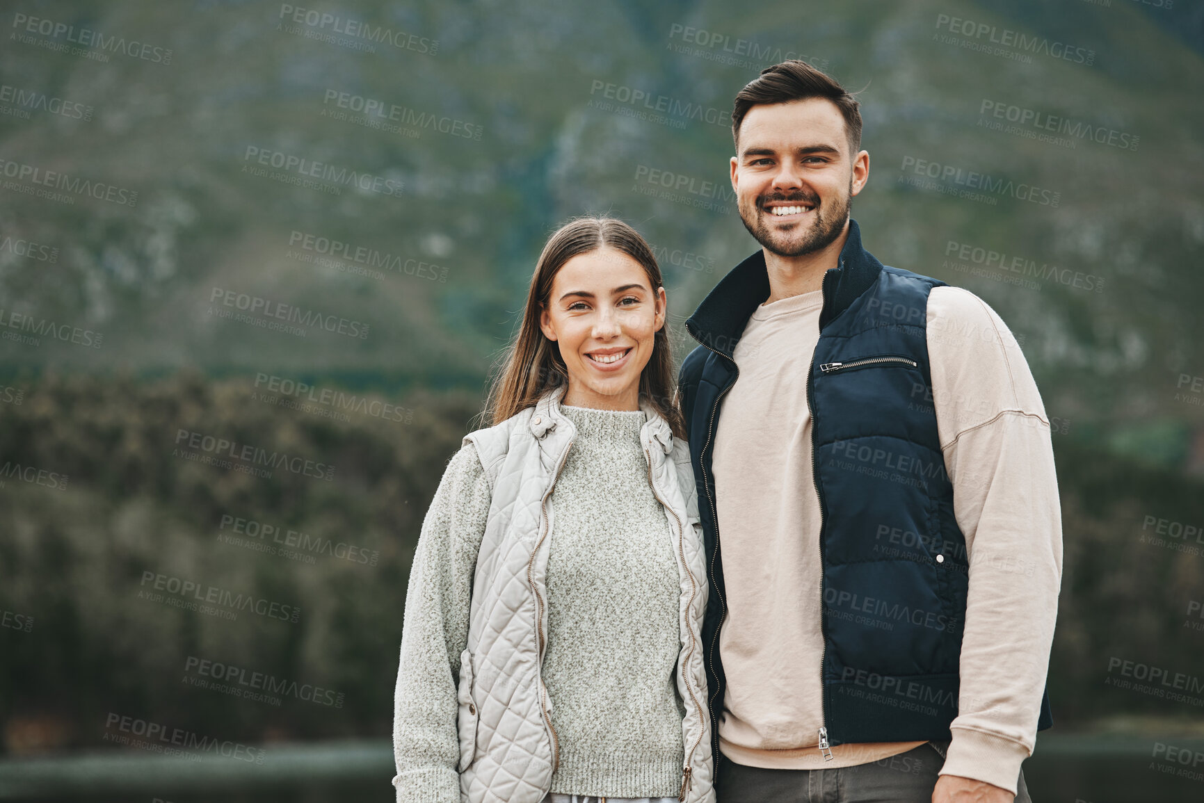 Buy stock photo Hiking, couple and portrait outdoor with vacation and trekking together with love in winter. Mountain, holiday and travel in the morning with happy woman and man on adventure in nature with a smile