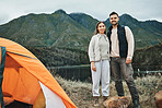 Happy couple, portrait and mountain for camping, hiking or outdoor adventure on holiday getaway together in nature. Man and woman smile with tent on camp site for journey, road trip or vacation